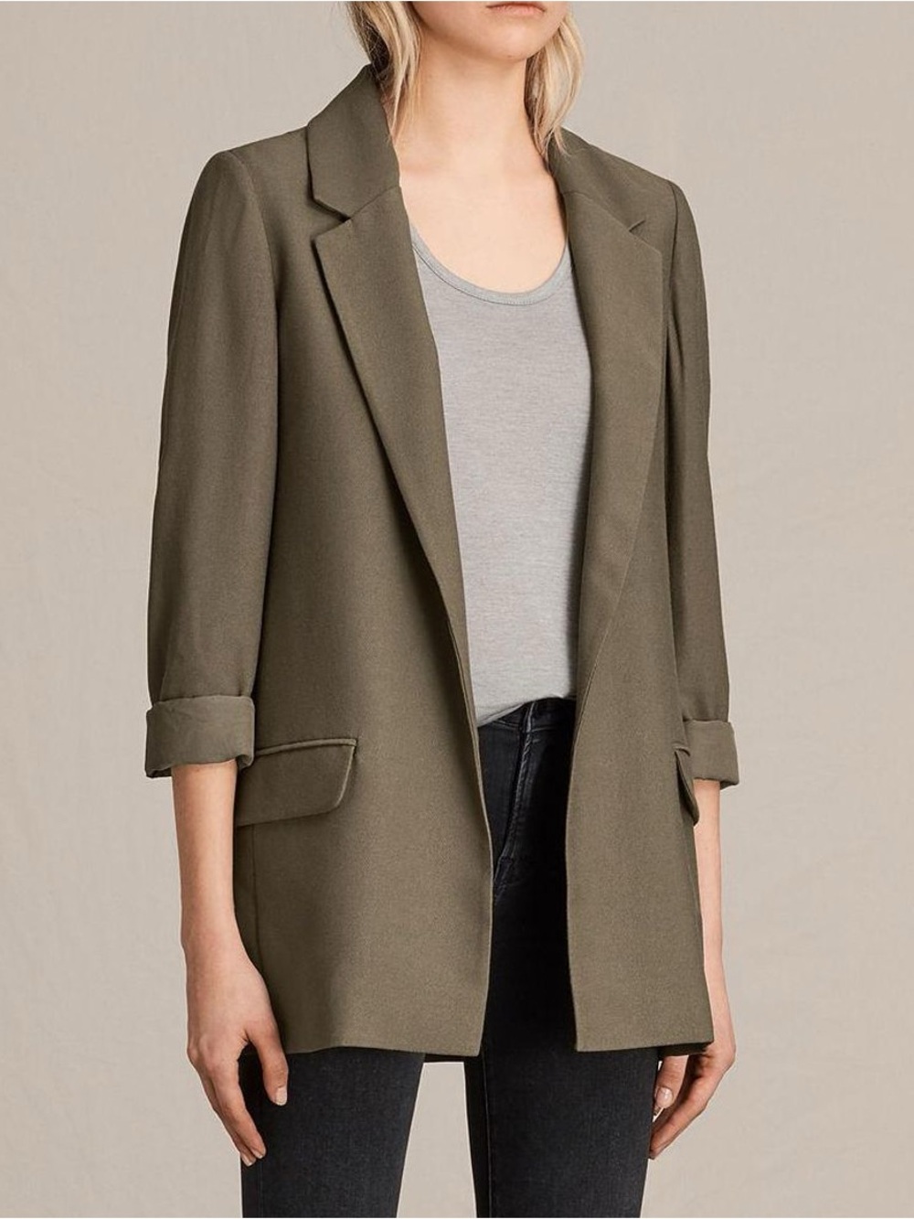 All Saints Aleida Khaki Green Open-Front Blazer Jacket